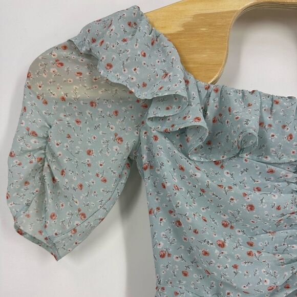 ASTR THE LABEL Teal Floral Ditsy Ruched Mini Dress Sz S - Picture 5 of 10